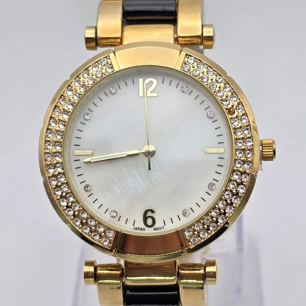 New‎ CHICO'S Ladies Watch Mother of Pearl CZ Encrusted Black Gold Tone Band